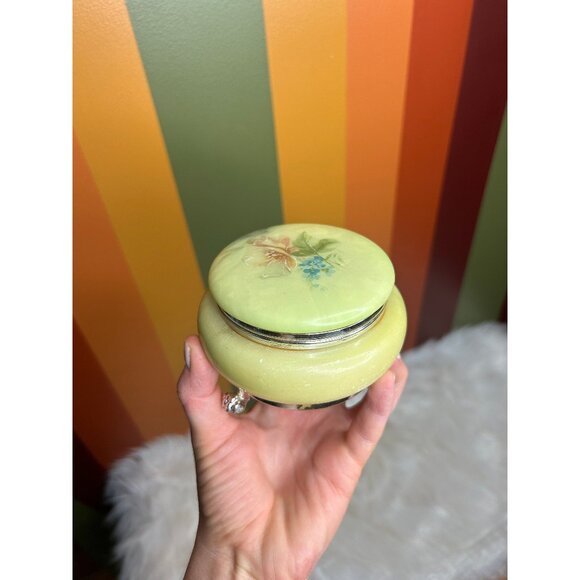 Alabaster green Stone marble floral trinket dish jewellery box Italy- tiny chip - Picture 1 of 9